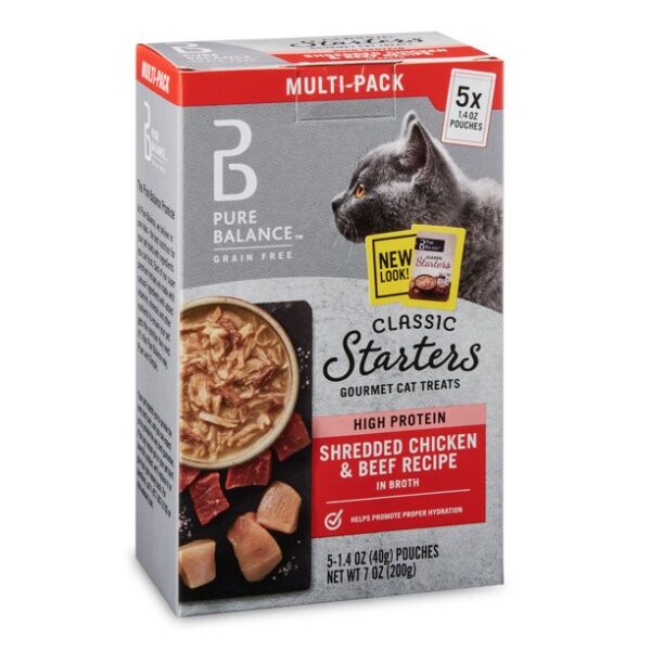 Pure Balance Classic Starters Gourmet Cat Treats, Shredded Chicken & Beef In Broth, 1.4 Oz, 5 Pack
